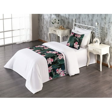 Tropical Vibes Bed Runner Set, Dreamy Dark Jungle Scene with Floral Boho and Monstera Leaves, Decorative Bedding Scarf & a Pillow Sham for Hotels Homes, Twin, Pale Pink Hunter Green, by Ambesonne