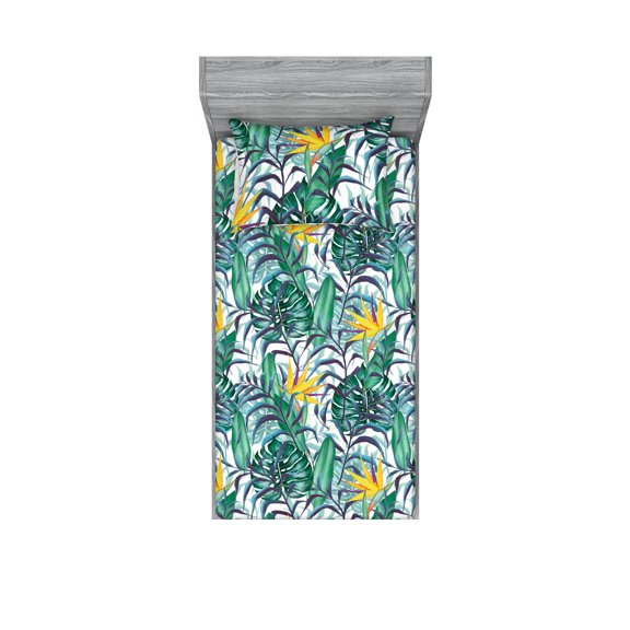 Tropical Vibes Fitted Sheet & Pillow Sham Set, Jumble Design of Hawaii Atmosphere Monstera Leaves Greenery, Decorative Printed 2 Piece Bedding Decor, Twin, Mustard Fern Green Indigo, by Ambesonne