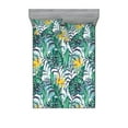 thumbnail image 1 of Tropical Vibes Fitted Sheet & Pillow Sham Set, Jumble Design of Hawaii Atmosphere Monstera Leaves Greenery, Decorative Printed 3 Piece Bedding Decor, Calking, Mustard Fern Green Indigo, by Ambesonne, 1 of 2