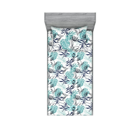 Tropical Vibes Fitted Sheet & Pillow Sham Set, Jungle Boho Design of Palm Trees Monstera Leaves Neutral Art, Decorative Printed 2 Piece Bedding Decor, Twinxl, Seafoam White Dark Indigo, by Ambesonne