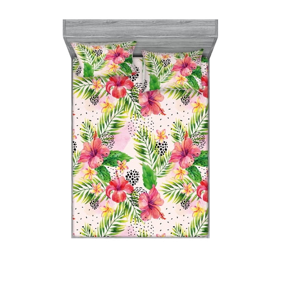 Tropical Vibes Fitted Sheet & Pillow Sham Set, Memphis Ornamented Leaves Greenery and Hibiscus Pattern Bohemian, Decorative Printed 3 Piece Bedding Decor, Full, Dark Coral Fern Green, by Ambesonne