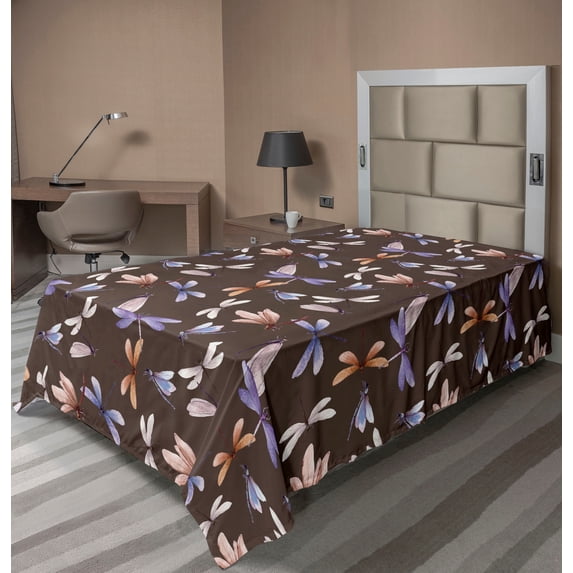 Tropical Vibes Flat Sheet, Simple Design Boho Modern Dragonfly Pattern with Muted Colors, Soft Comfortable Top Sheet Decorative Bedding 1 Piece, Twin Size, Lavender Umber Pale Mauve, by Ambesonne