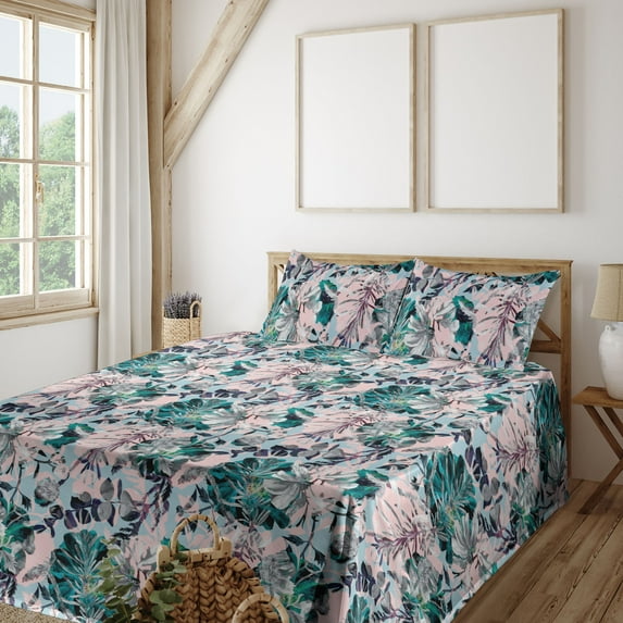 Ambesonne Tropical Vibes Fitted & Flat Sheet with Sham 3 Pcs Set, Botanical Silhouette, Twin, Teal Pastel Pink