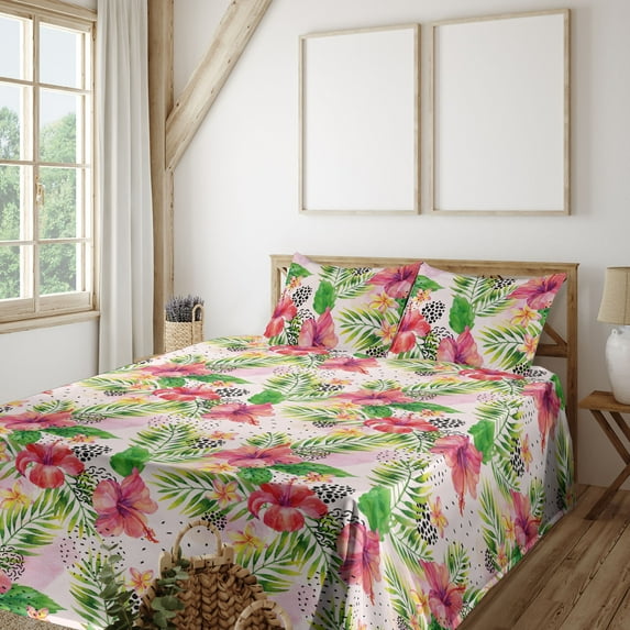 Ambesonne Tropical Vibes Fitted & Flat Sheet with Shams 4 Pcs Set, Memphis Leaf Bloom, Calking, Dark Coral Fern Green