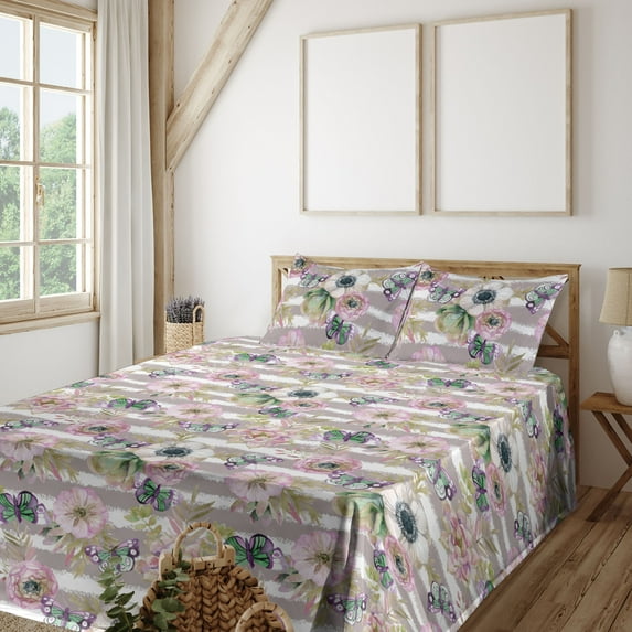 Ambesonne Tropical Vibes Fitted & Flat Sheet with Shams 4 Pcs Set, Simple Anemones Art, King, Lilac Dark Eggshell Ivory