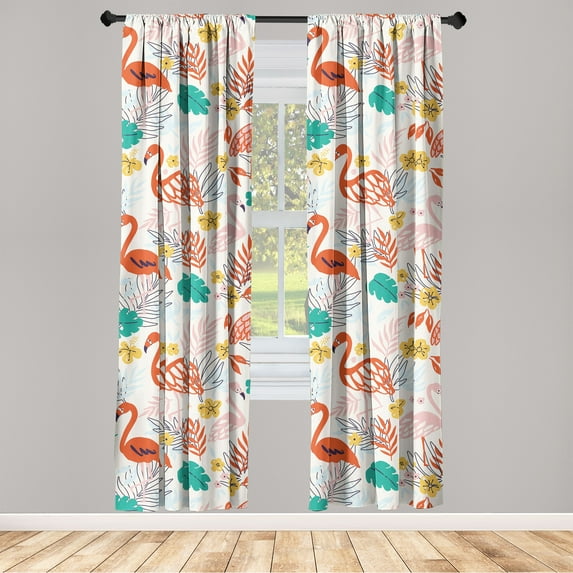 Tropical Vibes Window Curtains, Colorful Design Cartoon Flamingo Pattern With Exotic Leaves Print, Lightweight Decor 2-Panel Set with Rod Pocket, Pair of - 28"x63", Dark Pink Jade Green, by Ambesonne