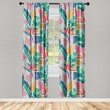 Tropical Vibes Window Curtains, Memphis Monstera Leaves and Abstract Round Triangle Pattern Boho, Lightweight Decor 2-Panel Set with Rod Pocket, Pair of - 28"x63", Fern Green Pastel Pink, by Ambesonne