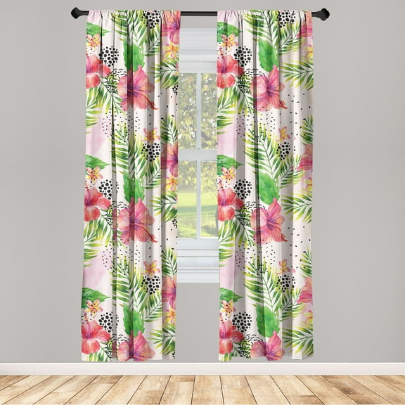 Tropical Vibes Window Curtains, Memphis Ornamented Leaves Greenery and Hibiscus Pattern Bohemian, Lightweight Decor 2-Panel Set with Rod Pocket, Pair of - 28"x84", Dark Coral Fern Green, by Ambesonne