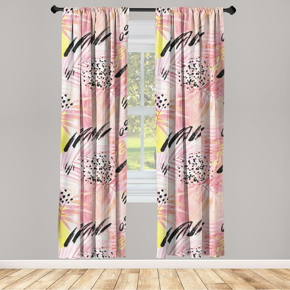 Tropical Vibes Window Curtains, Soft Colors Palm Tree Leaves Pattern with Abstract Boho Stripes, Lightweight Decor 2-Panel Set with Rod Pocket, Pair of - 28"x63", Pale Pink Yellow Coral, by Ambesonne