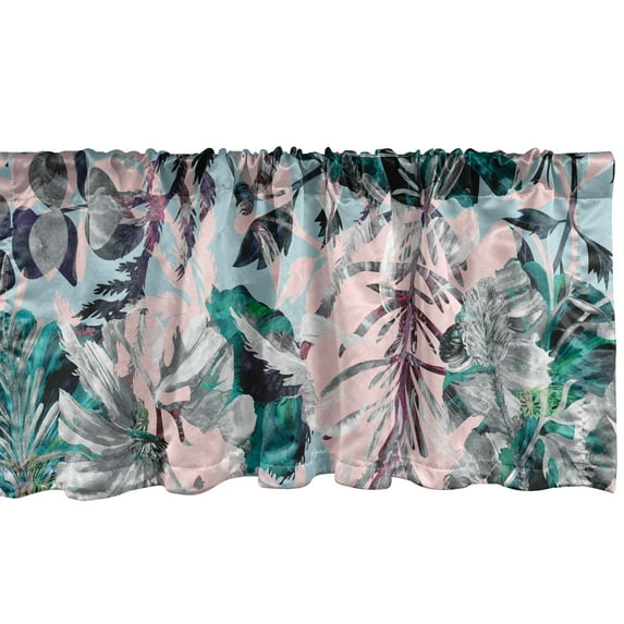 Tropical Vibes Window Valance, Botanical Themed Palm Tree Leaves Silhouettes Grunge Atmosphere Print, Curtain Valance for Kitchen Bedroom with Rod Pocket, 54" X 18", Teal Pastel Pink, by Ambesonne