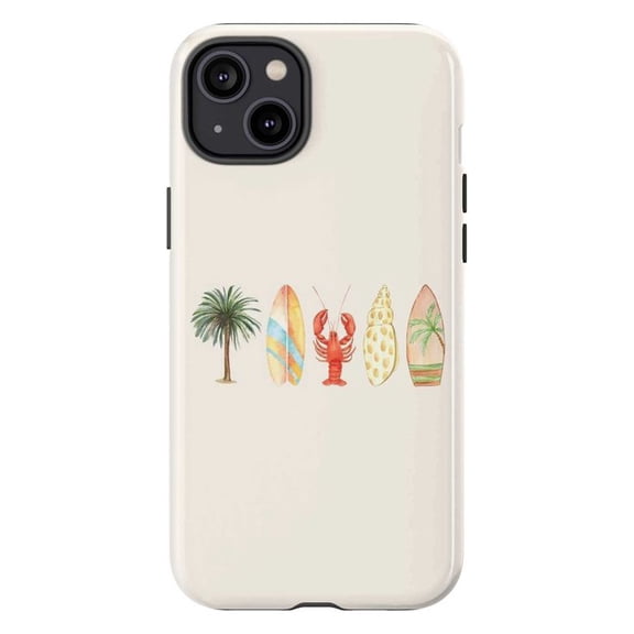 Tropical Vibes iPhone Case – Palm Tree, Surfboards, Lobster & Seashell Art, Beach Summer Aesthetic Phone Cover for iPhone 16 15 14 13 12 11 Plus Pro Max Mini
