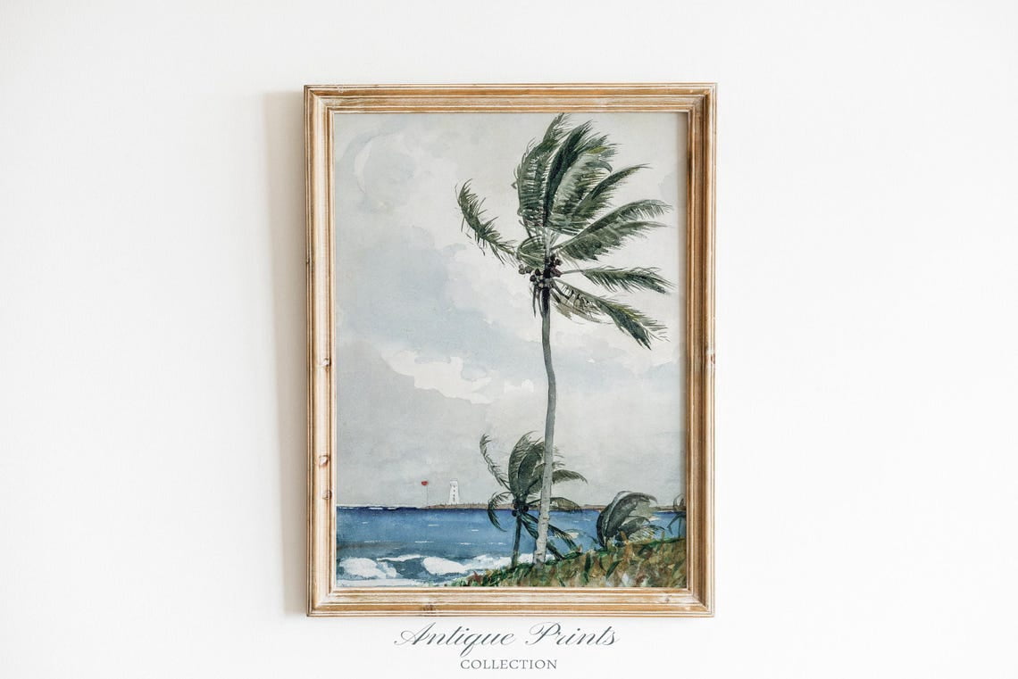 Visual Reference: Tropical Vintage Antique Palm Tree Poster Vintage Moody Ocean Wall