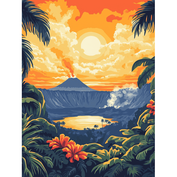 Tropical Volcano Sunset Canvas Print/Wall Art Suitable for Living Room Bedroom Office Hotel and Restaurant Decoration.