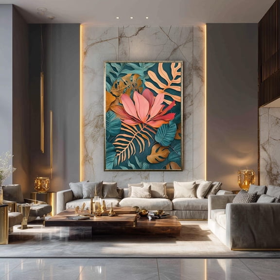 Tropical Wall Art with Pink Exotic Flower and Teal Orange Jungle Leaves for Bold Modern Boho or Nature Inspired Decor Unframed Paper Print