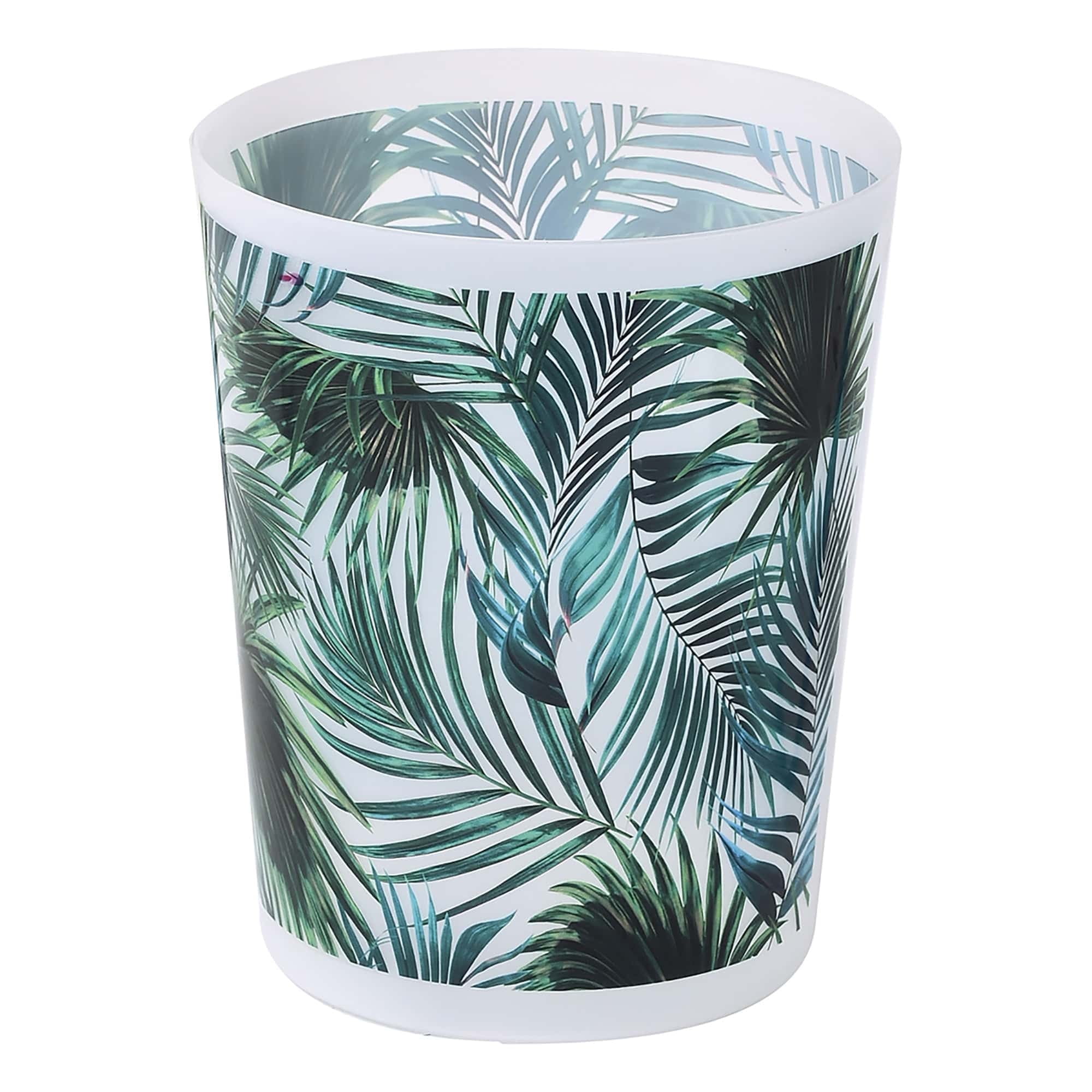 Tropical Palm Leaves Blue Plastic Bathroom Waste Basket