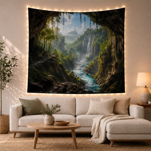 Tropical Waterfall in a Cave with Hanging Vines, Serene Boho for Nature Lovers, Forest Landscape Art, Housewarming Gift Tapestry Wall Hanging for Living Room and Bedroom