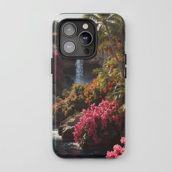Tropical Waterfall For All iPhone Series Protective Phone Case Nature Landscape Green Pink