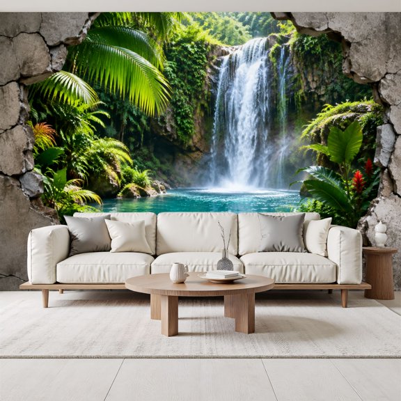 Tropical Waterfall Idyllic Wallpaper Greenery Clear Blue Pool Peel and Stick Wall Murals 69"H x 96"W Removable PVC Wall Paper Self-Adhesive Wall Decor for Bedroom Living Room