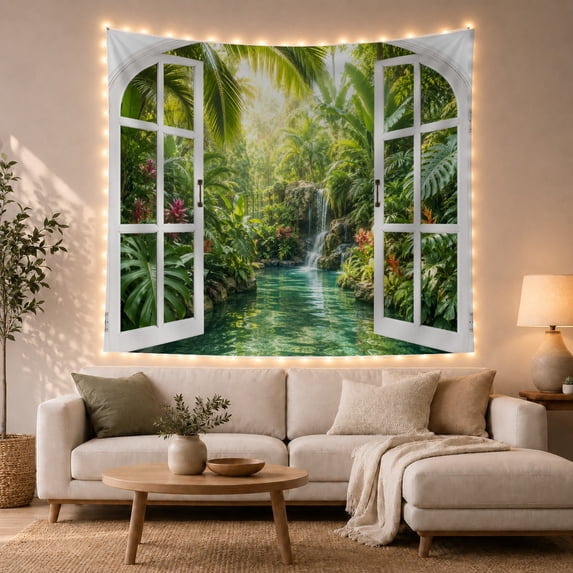 Tropical Waterfall in a Jungle Through an Arched Window, Serene Fantasy for Nature Lovers, Jungle Wall Art, New Home Gift, Tapestry Wall Hanging for Living Room and Bedroom