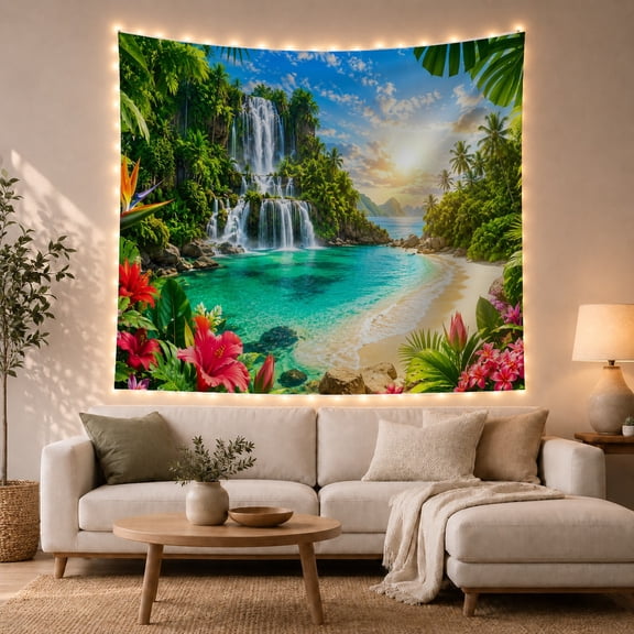 Tropical Waterfall Lagoon With Vibrant Flowers on a Sunny Beach Serene Coastal for Beach Lovers Wall Art Print Birthday Gift Tapestry Wall Hanging for Bedroom and Living Room