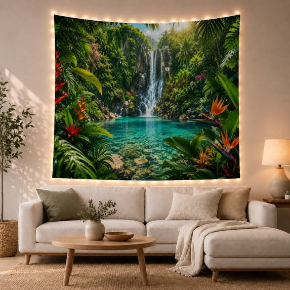 Tropical Waterfall in Lush Jungle Pool, Peaceful Digital Art for Nature Lovers, Tropical Wall Art, Housewarming Gift, Tapestry Wall Hanging for Bedroom and Living Room