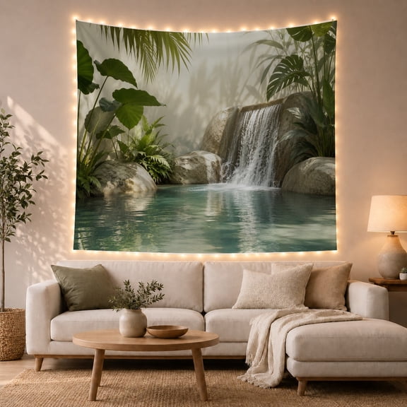 Tropical Waterfall with Misty Forest Greenery and Reflective Pool, Serene Boho, for Nature Lovers, Tranquil Wall Art Decor, Birthday Gift, Tapestry Wall Hanging for Living Room and Bedroom