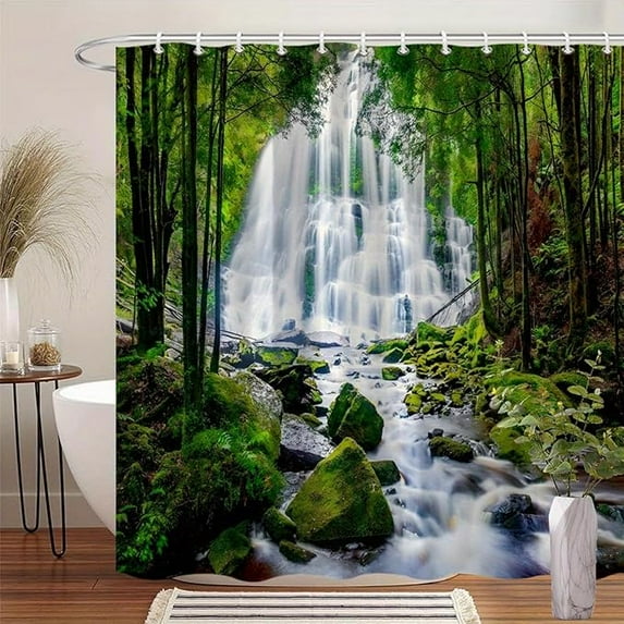 Tropical Waterfall Shower Curtain - Serene Nature Bathroom Decor With Cascading Water Shower Curtain Sets For Bathroom 72"W x 72"L