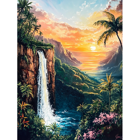 Tropical Waterfall Sunset Canvas Print/Wall Art Suitable for Living Room Bedroom Bathroom Office and Hotel Decoration.