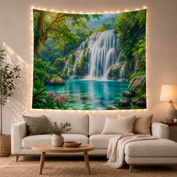 Tropical Waterfall with Turquoise Pool, Serene Watercolor for Nature Enthusiasts, Rainforest Landscape Art, Housewarming Gift, Tapestry Wall Hanging for Living Room and Bedroom