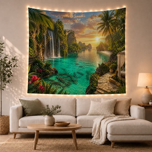 Tropical Waterfall with Turquoise Water and Lush Cliffs Serene Coastal for Nature Lovers Coastal Landscape Art Decor Birthday Gift Tapestry Wall Hanging for Bedroom and Living Room