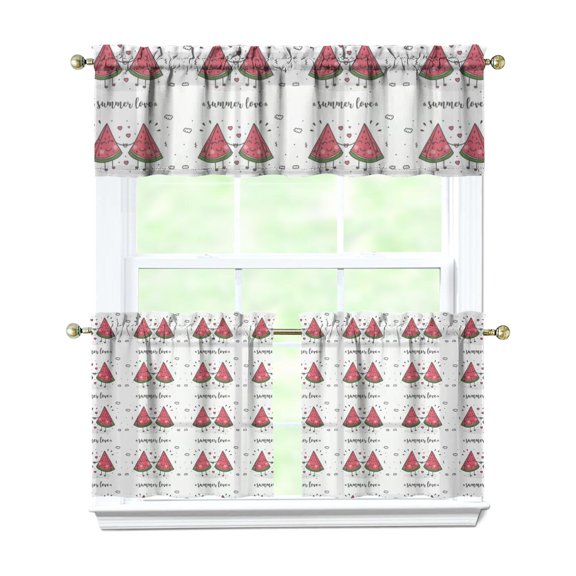 Tropical Watermelon Curtains for Kitchen 3 Piece Set - Aesthetic Fruit Pattern Short Curtains with Rod Pocket, Small Windows