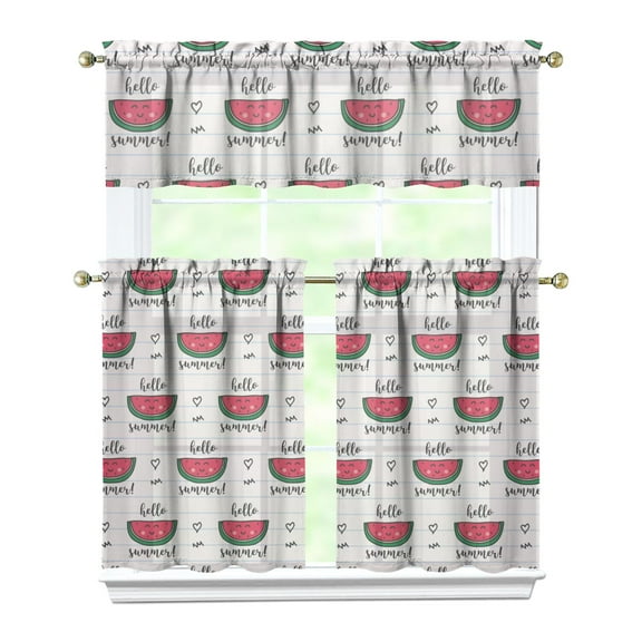 Tropical Watermelon Kitchen Curtains Set, Summer Fruit Print with Sunshine and Beach Pattern, Cute Watermelon Lovers Design Drapes for Kitchen or Dining Room
