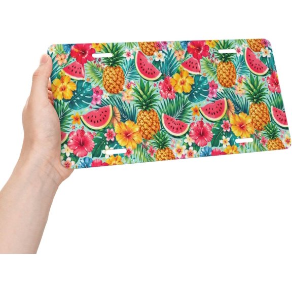 Tropical Watermelon Pineapple Palm Design Vanity License Plate, Decorative Car Tag, Aluminum Metal, 12 x 6 Inch