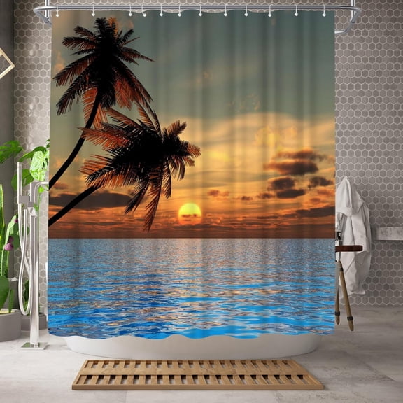 Tropical Waterproof Shower Curtain Summer Coastal Landscape Shower Curtain Polyester Fabric Bathroom Decor with hooks 70"W x 72"L (Pack of 1)