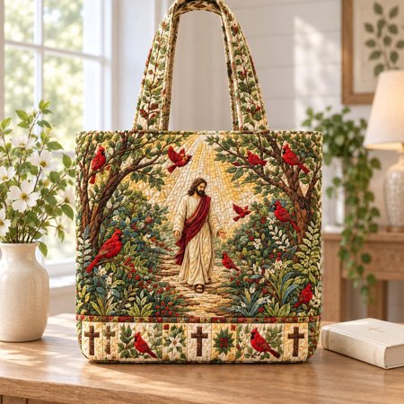 Christian Jesus Quilted Tote Bag, Religious Faith Handbag, Handmade Bible Gift Bag, Cardinal Bird Christian Purse, Inspirational Church Gift