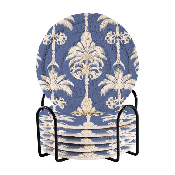 Tropical White Palm Trees Drinking Coasters Cup Mat with Holder for Kitchen Cafe Bar 6 Packs