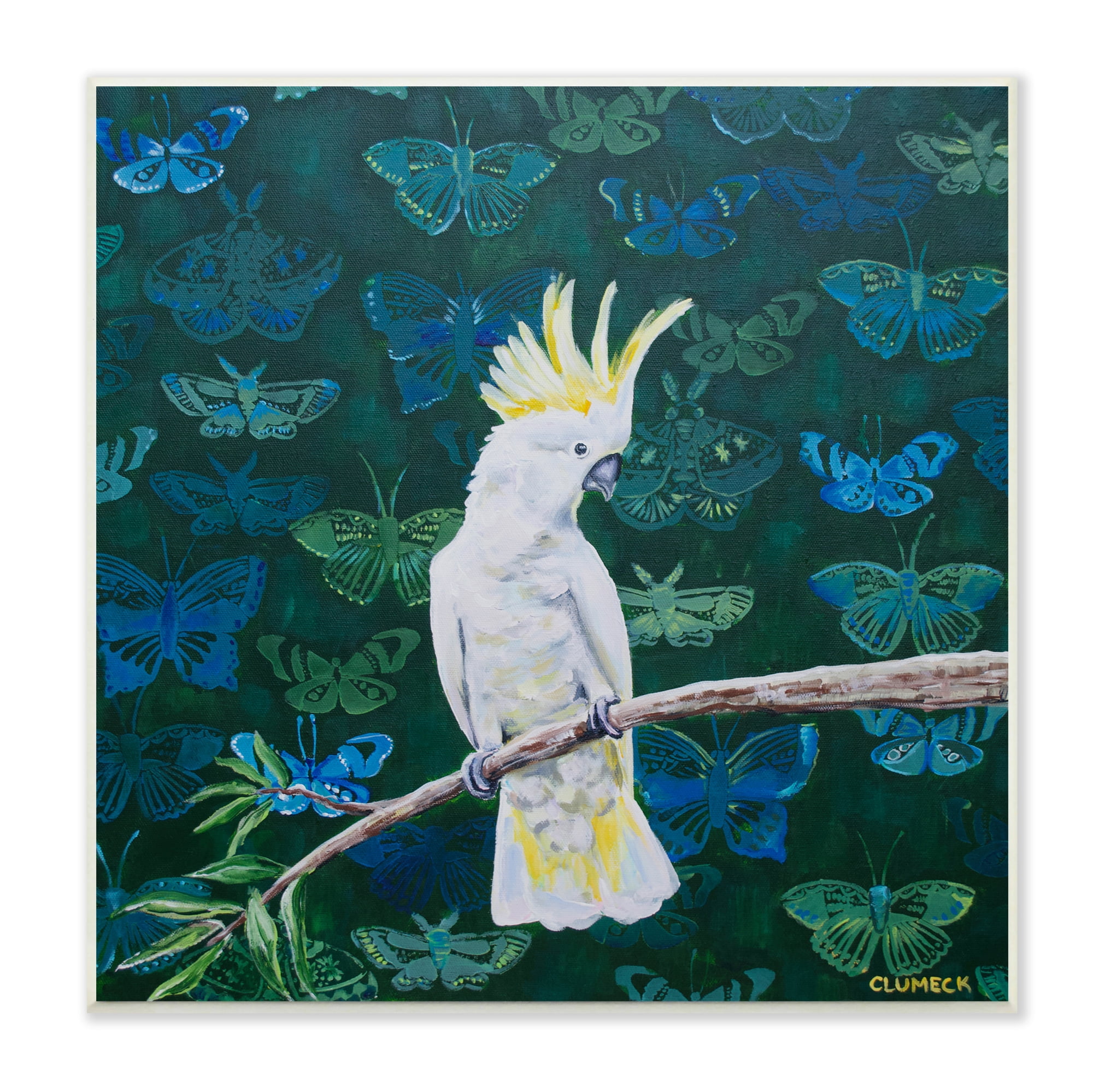 Tropical White Yellow Parrot Perched Butterfly Print Pattern 12 in x 12 in Framed Painting Art Print, by Stupell Home Décor
