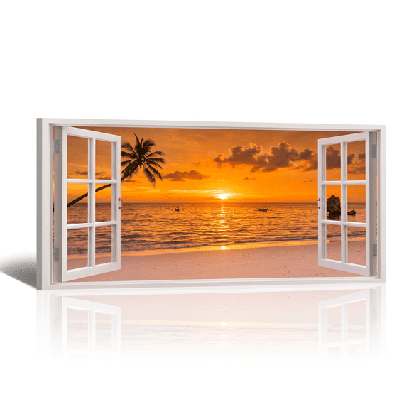 Tropical Window Canvas Wall Art, Large Palm Sunset Landscape Canvas Prints Horizontal Orange Seaside View Artwork Paintings for Living Room Bedroom Home Decor