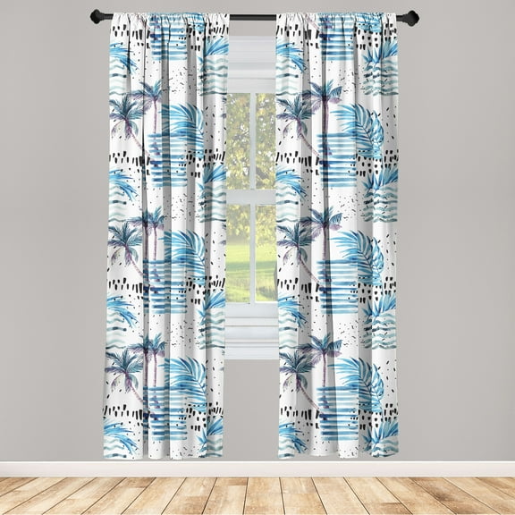 Tropical Window Curtains, Abstract Boho Vibe Palm Tree Illustrations with Zigzag and Dots Art, Lightweight Decor 2-Panel Set with Rod Pocket, Pair of - 28"x63", Sea Blue Cadet Blue White, by Ambesonne