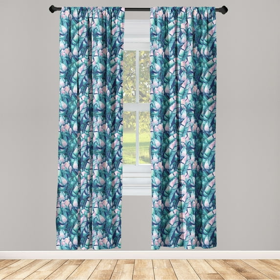 Tropical Window Curtains, Colorful Banana Leaves Exotic Jungle Modern Watercolor Design, Lightweight Decor 2-Panel Set with Rod Pocket, Pair of - 28"x84", Teal Pale Pink and Navy Blue, by Ambesonne