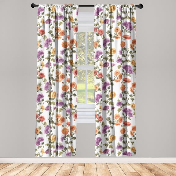 Tropical Window Curtains, Colorful Chrysanthemum Flowers Pattern Watercolor Plot on Plain Back, Lightweight Decor 2-Panel Set with Rod Pocket, Pair of - 28"x63", Pale Fuchsia and Khaki, by Ambesonne