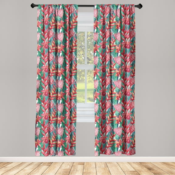Tropical Window Curtains, Contemporary Style Exotic Leaves of Jungle Heliconia Orchid Protea Design, Lightweight Decor 2-Panel Set with Rod Pocket, Pair of - 28"x84", Dark Coral Green, by Ambesonne