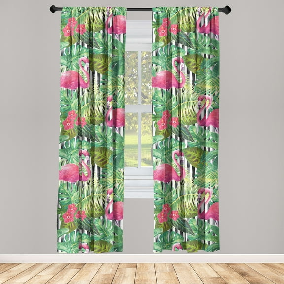Tropical Window Curtains, Tropical Dreamy Flamingo and Hibiscus Flowers with Monstera Leaves Print, Lightweight Decor 2-Panel Set with Rod Pocket, Pair of - 28"x95", Hot Pink Jade Green, by Ambesonne