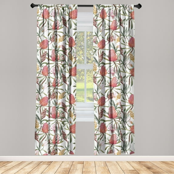 Tropical Window Curtains, Exotic Botanical Motifs with Leaves Watercolor Art on Plain Back, Lightweight Decor 2-Panel Set with Rod Pocket, Pair of - 28"x84", Dark Salmon and Olive Green, by Ambesonne