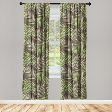 Tropical Window Curtains, Exotic Concept Overlapped Repetitive Palm Leaves Pattern Ornament, Lightweight Decor 2-Panel Set with Rod Pocket, Pair of - 28"x63", Reseda Green and Caramel, by Ambesonne