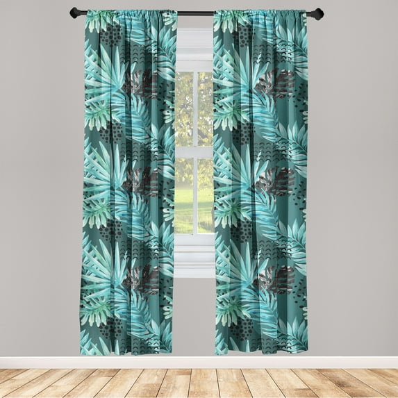 Tropical Window Curtains, Exotic Concept Palm Monstera Leaves Hand-Drawn Watercolor Illustration, Lightweight Decor 2-Panel Set with Rod Pocket, Pair of - 28"x95", Seafoam and Pale Blue, by Ambesonne