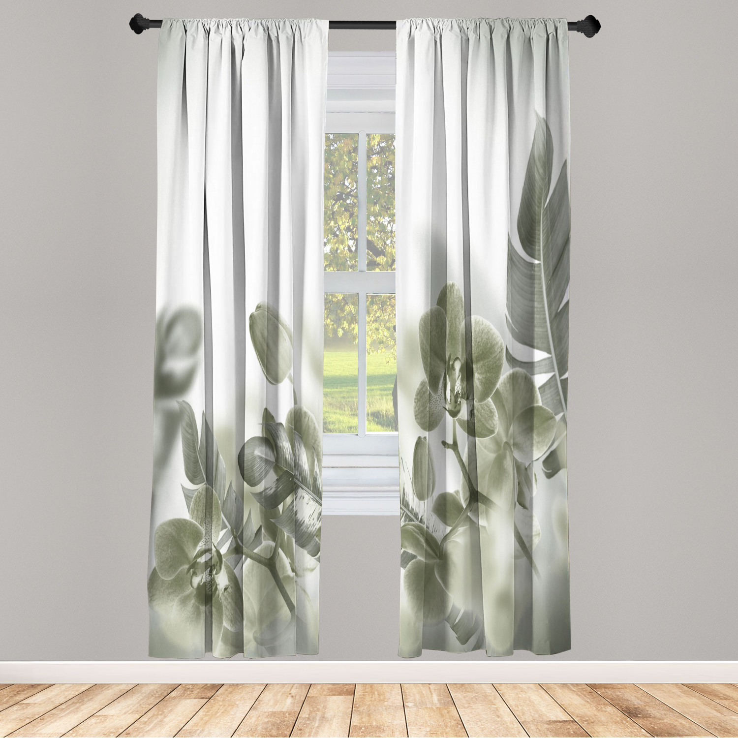 Ambesonne Tropical Curtains, Blooming Orchids Leaves, Pair of 28"x63