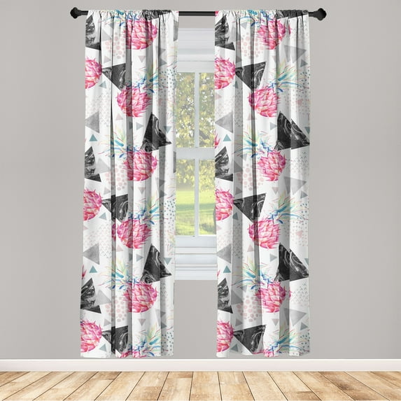 Tropical Window Curtains, Geometric Watercolor Triangles Pineapples Dots on Plain Back Art, Lightweight Decor 2-Panel Set with Rod Pocket, Pair of - 28"x63", Charcoal Grey and Hot Pink, by Ambesonne