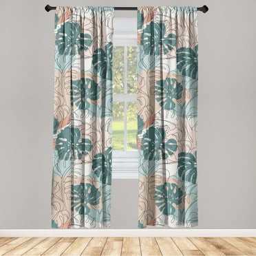 Tropical Window Curtains, Hand-Drawn Palm Leaves Silhouettes Abstract Geometric Line Art, Lightweight Decor 2-Panel Set with Rod Pocket, Pair of - 28"x63", Dark Cadet Blue and Almond, by Ambesonne