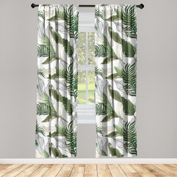 Tropical Window Curtains, Hawaiian Style Exotic Ornament of Palm and Banana Leaves Print, Lightweight Decor 2-Panel Set with Rod Pocket, Pair of - 28"x84", Army Green Emerald and White, by Ambesonne